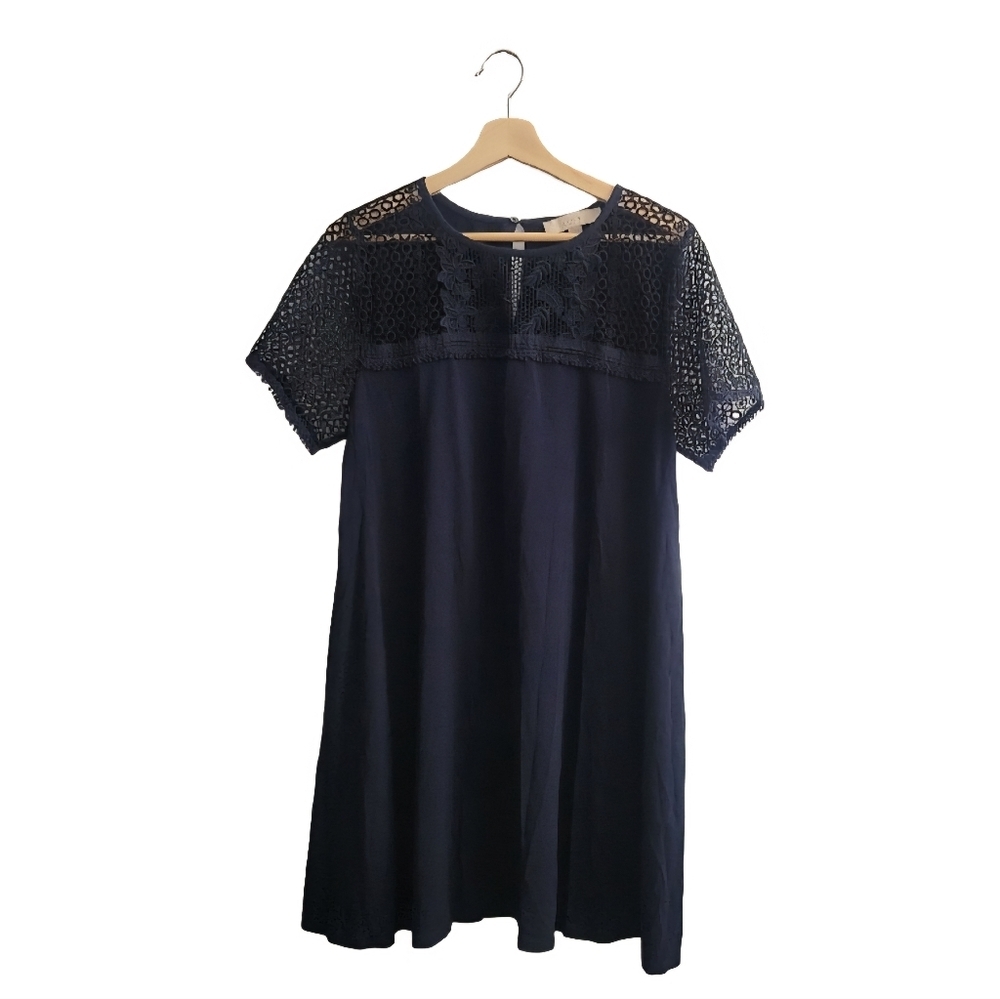 🎈LOFT Navy Blue Lace Midi Dress Size Large  Feminine Relaxed Fit Minimalist